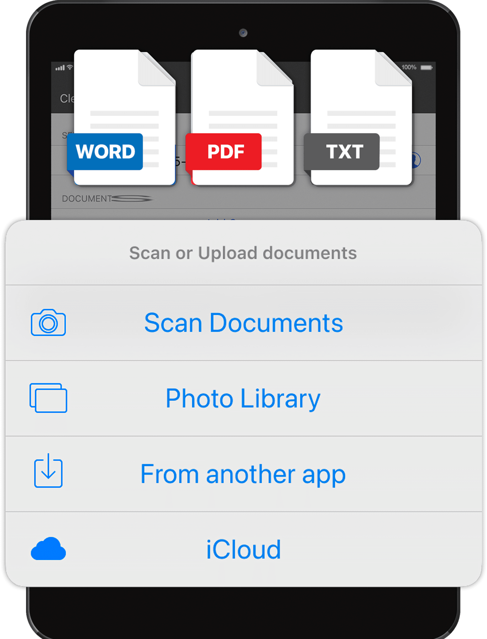 Upload a document or scan it with your ipad camera interface of the Fax App