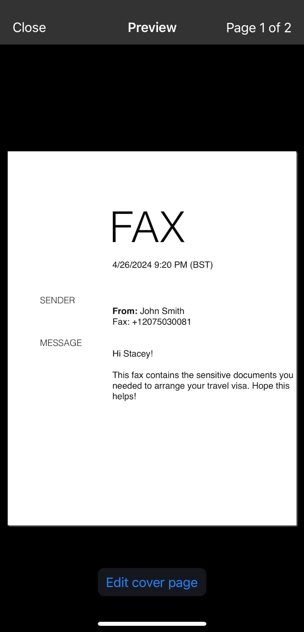 Preview cover page on the Fax App
