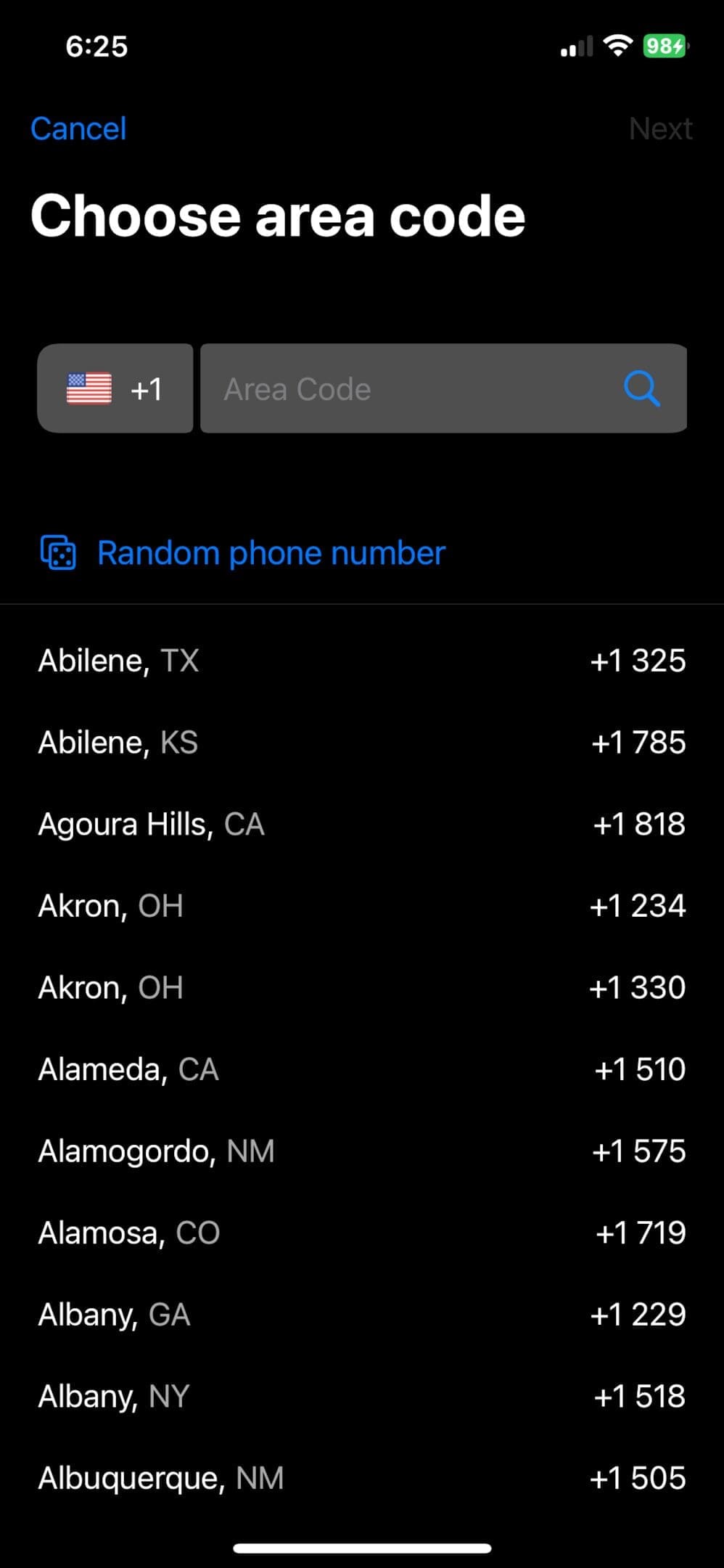 Choose area code screenshot from Fax App on iPhone
