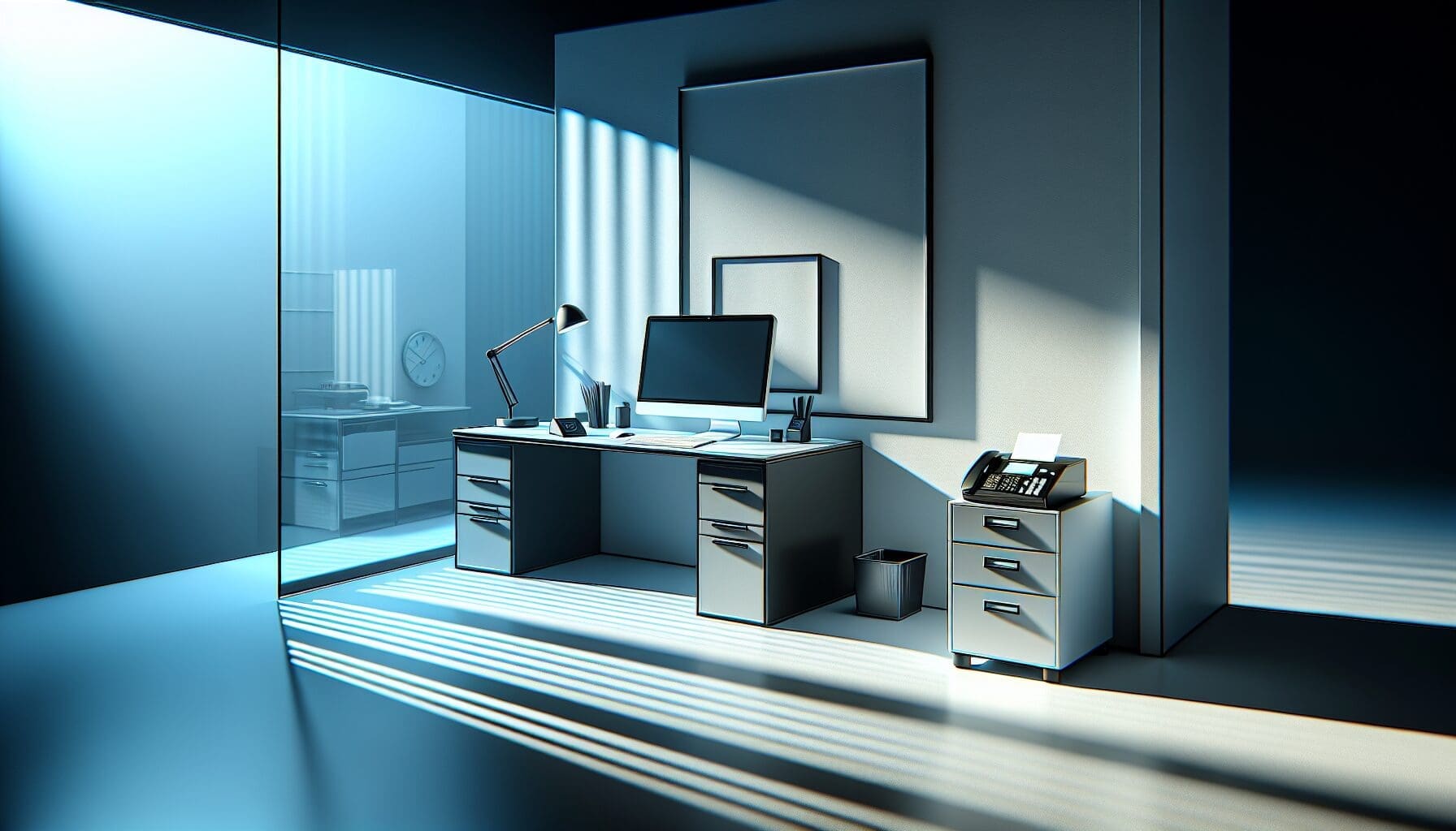 Illustration of a modern office with a computer and a fax machine