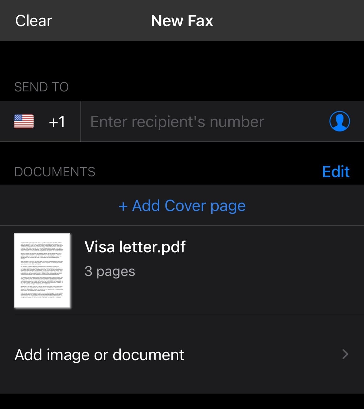 fax app interface after adding a doc from google drive