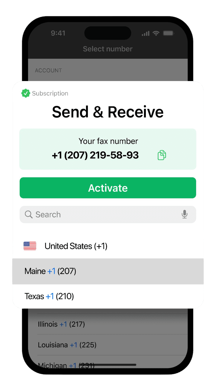 interface screenshot of fax app with fax number visible<br />
