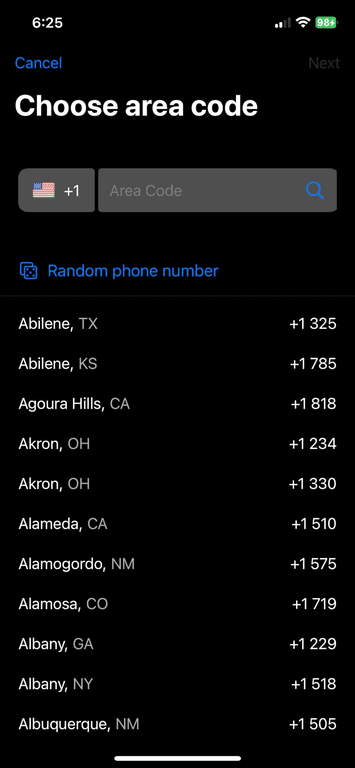 fax app interface screenshot for choosing the right area code for a fax number