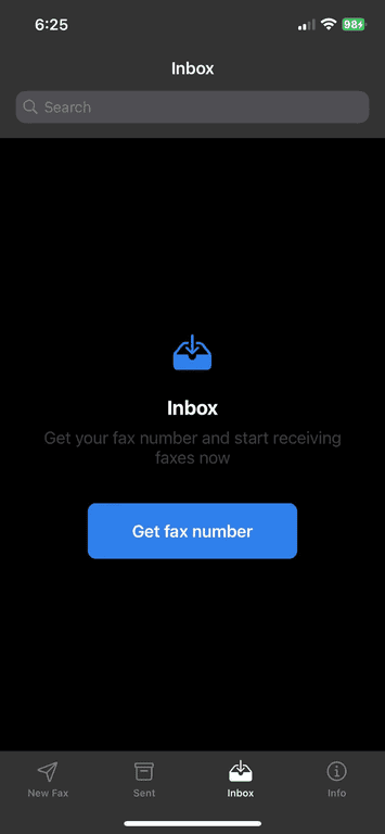 fax app interface that says get fax number on the button