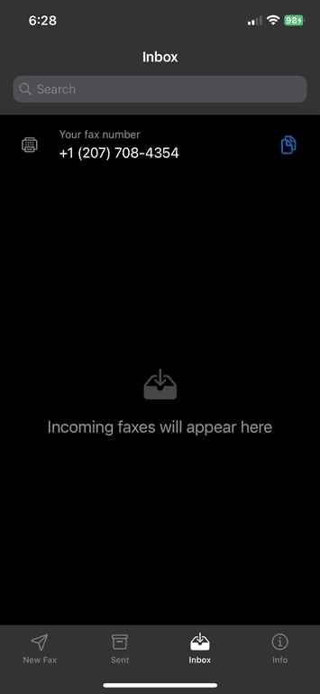 fax app showing that the inbox is empty but ready to receive incoming faxes
